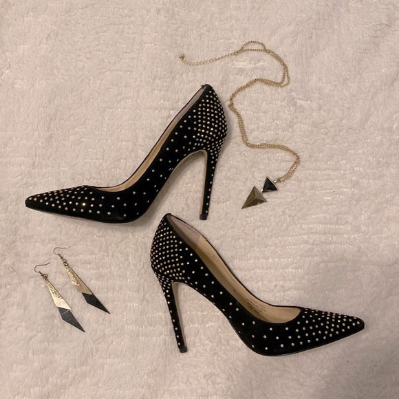 Enzo Angiolini Black Velvet Gold Studded Stilettos - Picture 1 of 9